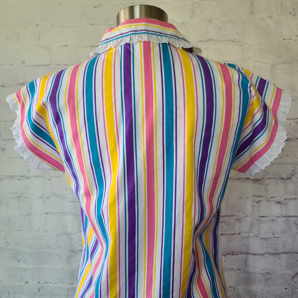 Vintage 80s J.F.I. Colorful Stripe Short Sleeve Button Front Top Lace Trim Small - Picture 6 of 11